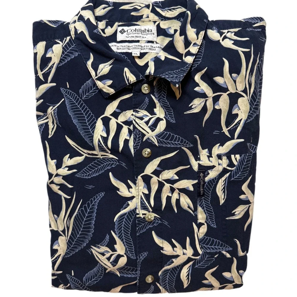 Columbia Mens XL Navy‎ Blue Button Up Shirt Short Sleeve Leaf Print Hawaiian